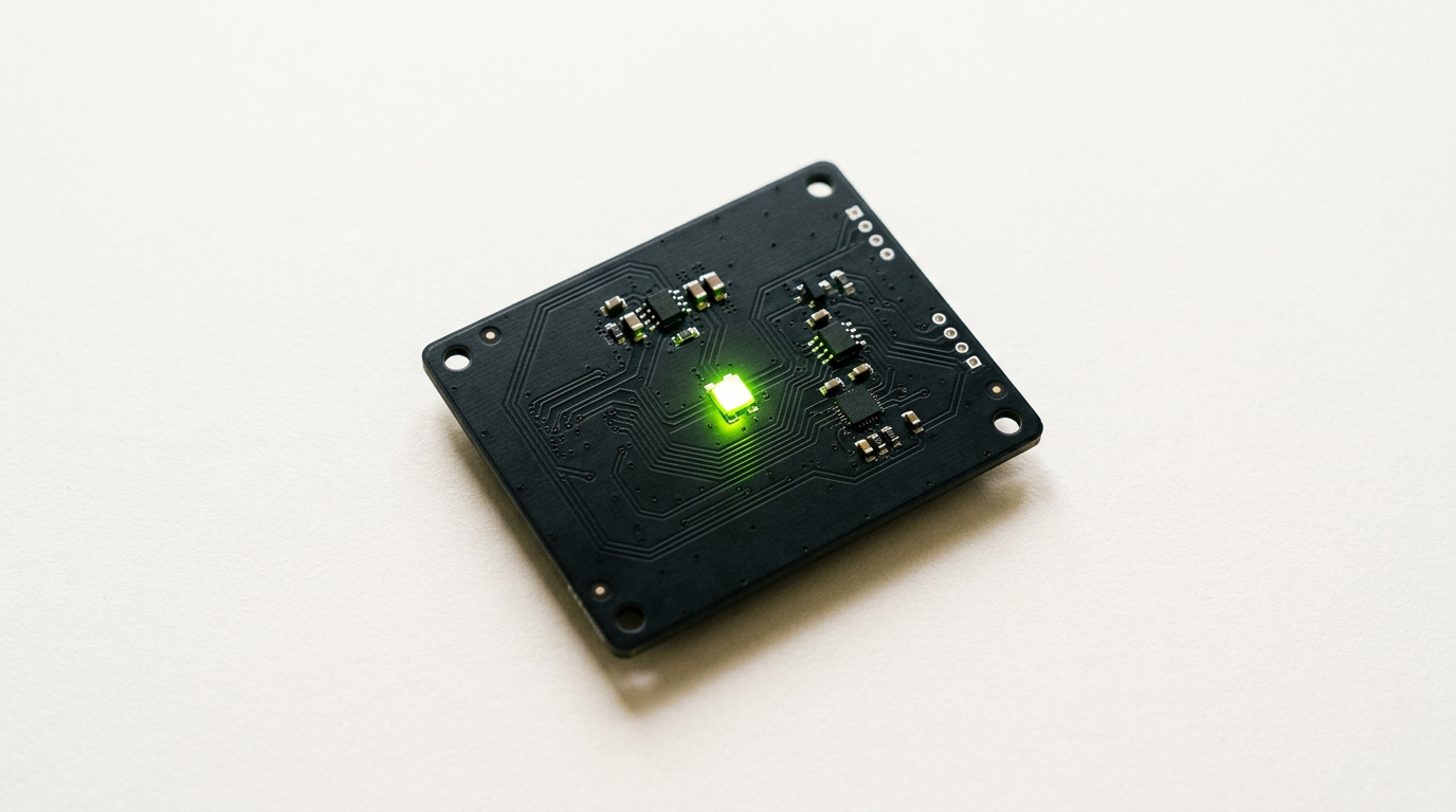 A matte black circuit board lying on a pale surface, its pattern of traces lit by a single acid-lime LED.