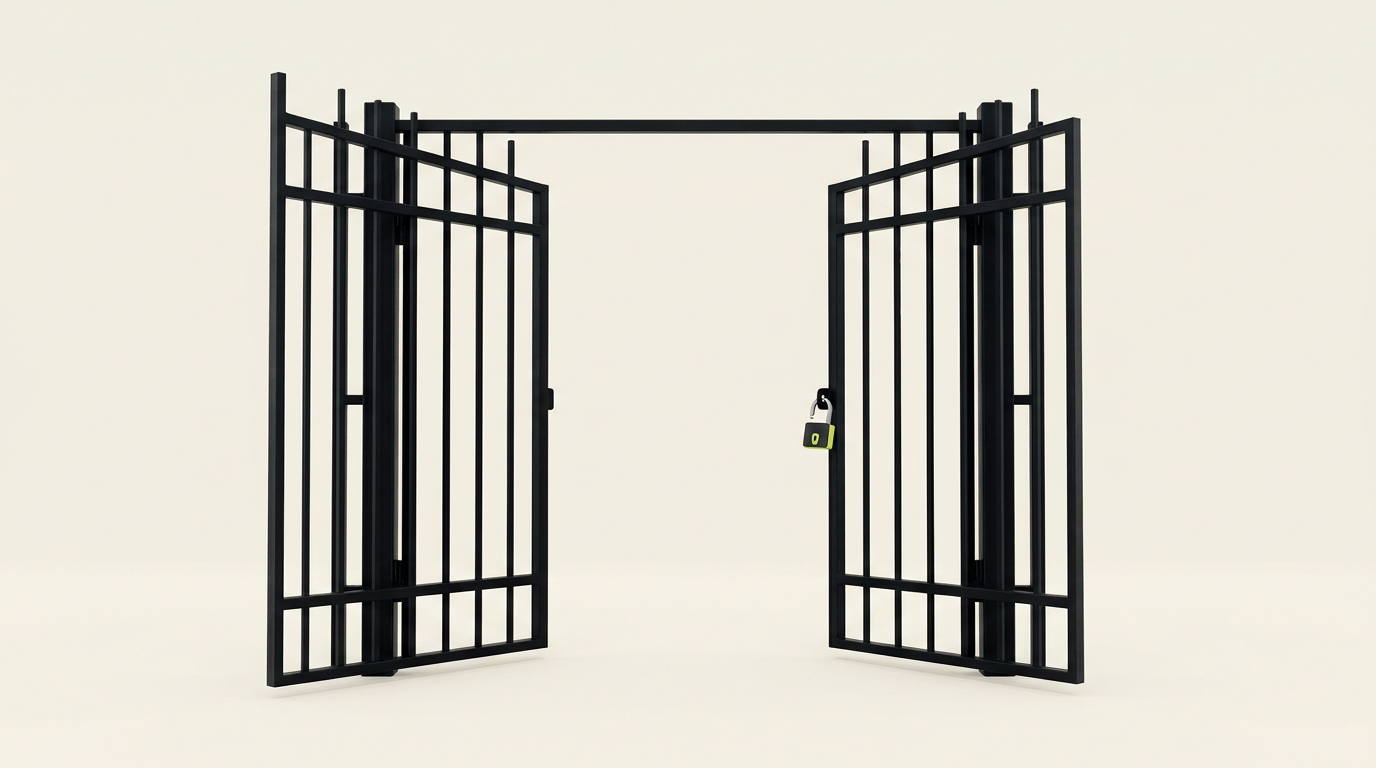 A tall black iron gate standing wide open, an open padlock hanging from its bars.