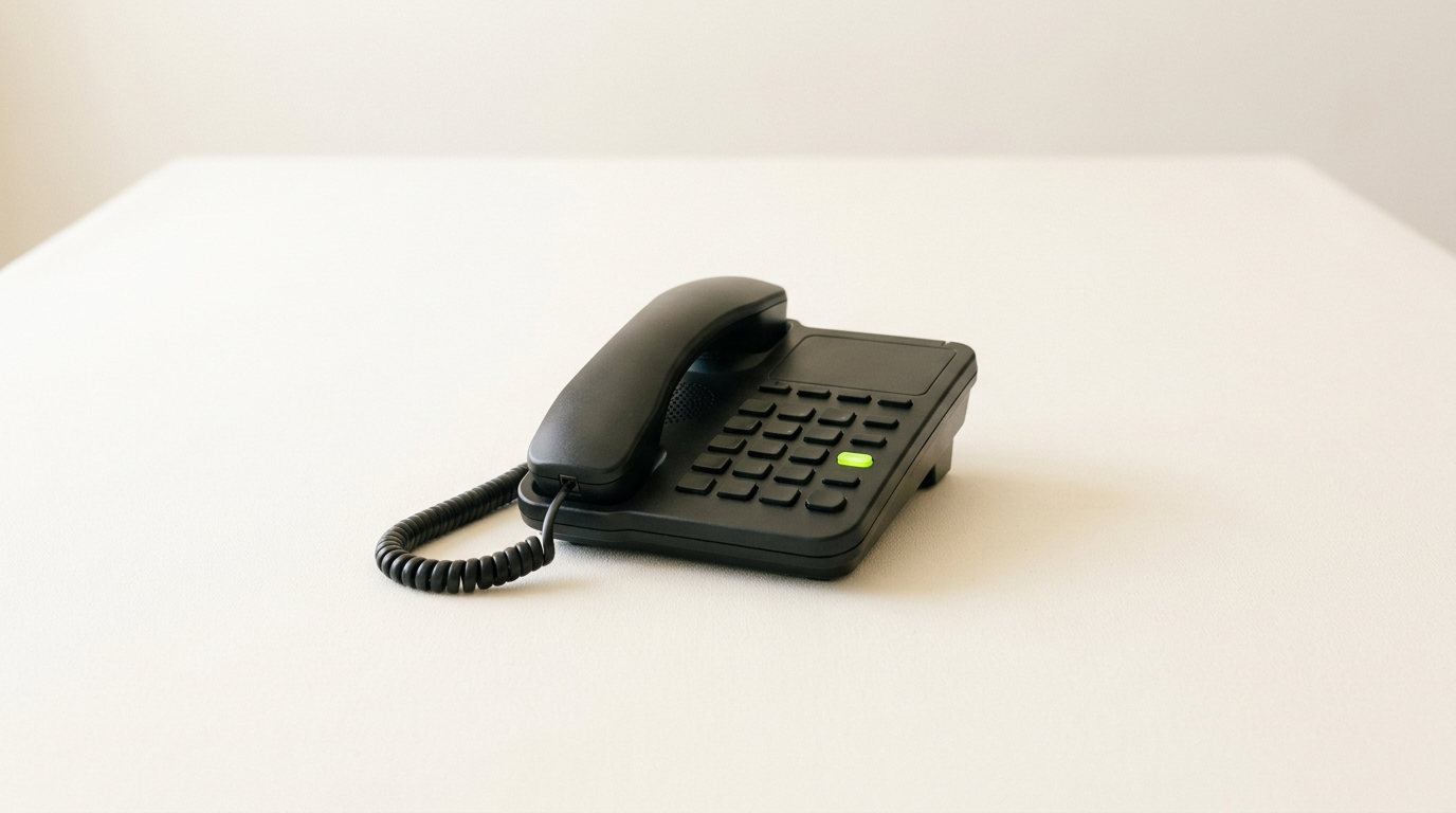 A black desk phone with a coiled cord sitting alone on a plain white surface, lit softly from the side.