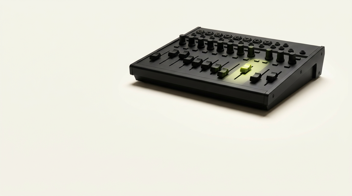 A matte black mixing console with a row of black dials and one acid-lime fader standing raised among them.