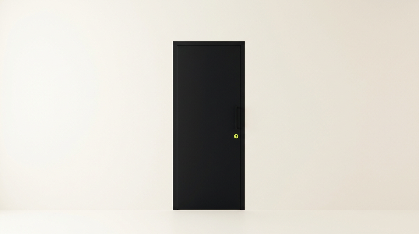 A single closed black door set flush into a plain wall, with a lime keyhole.