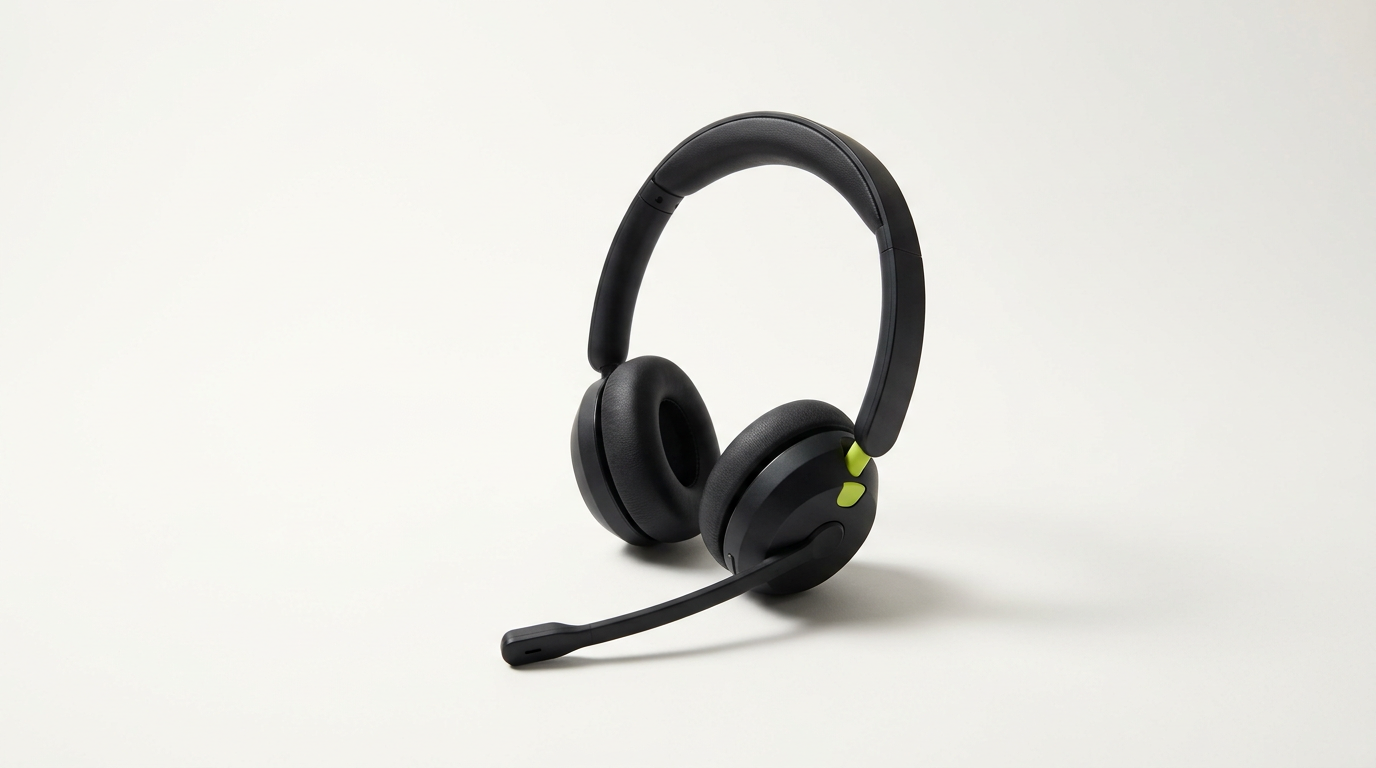 A matte black headset with a boom microphone resting on a pale surface, one ear cup marked in acid lime.
