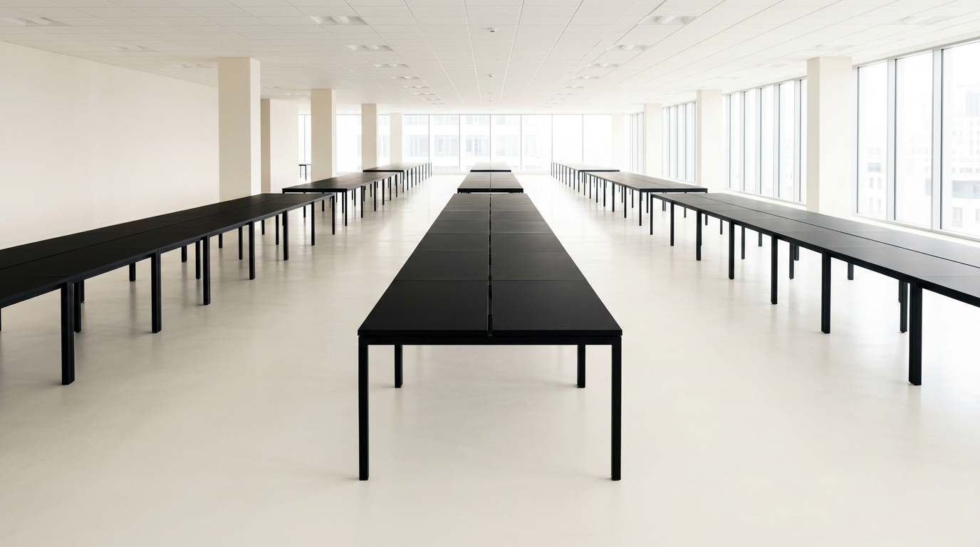 A vast empty office floor with long rows of empty desks and no people.