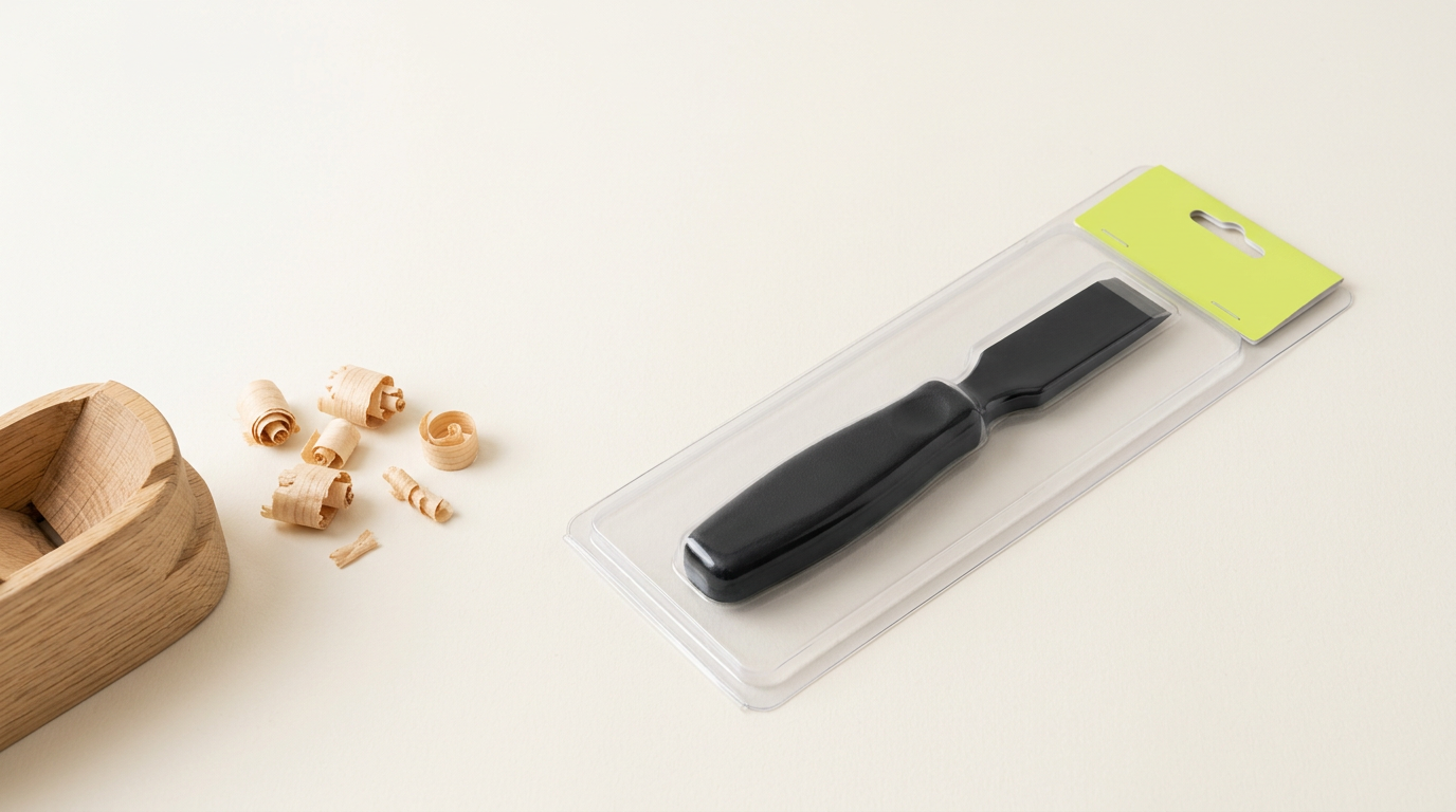 A pristine tool still sealed in its packaging, lying unused beside wood shavings and a half-finished object.