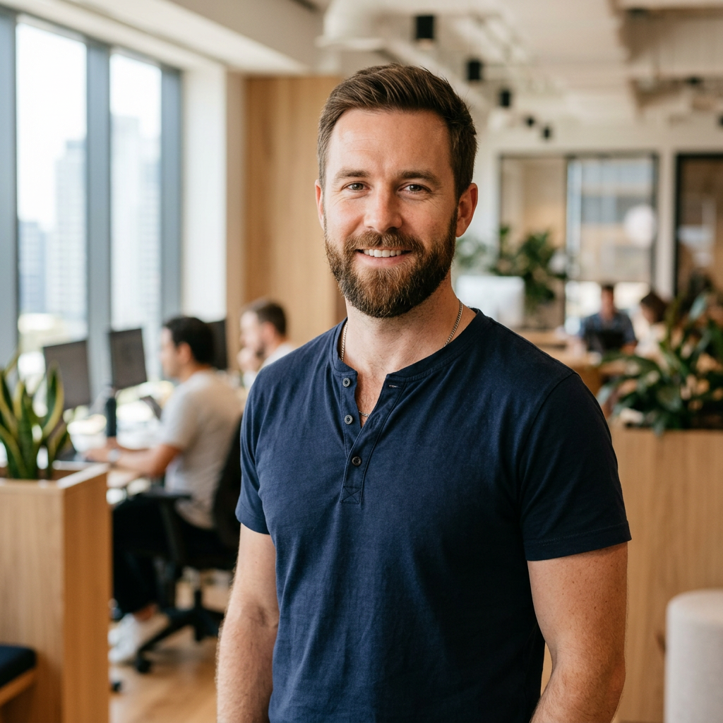 AI Marketer in a navy henley standing in a bright office