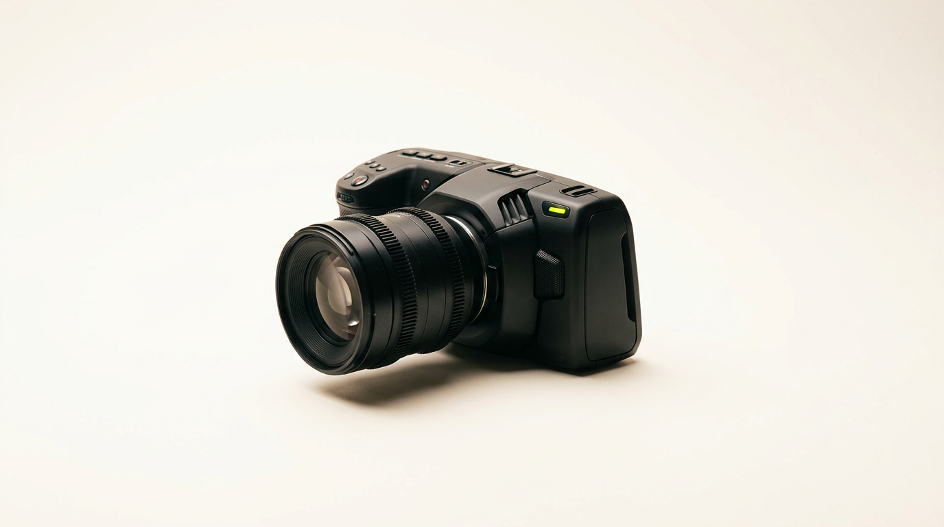 A single matte black cinema camera resting on a warm off-white surface, one acid-lime tally light glowing on its side.