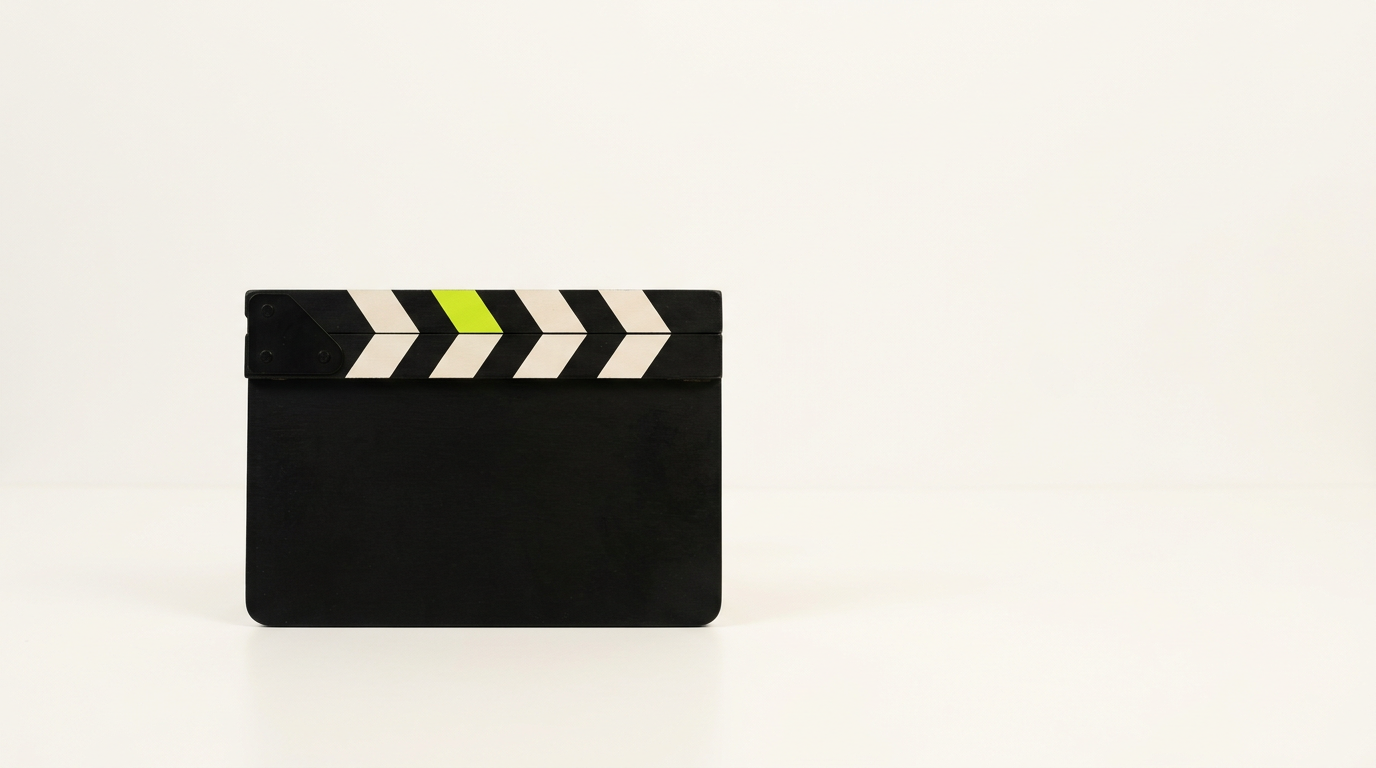 A closed black clapperboard standing on a pale surface, its chevrons alternating cream and acid lime.