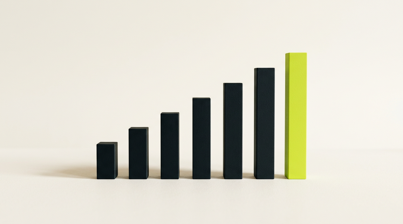 A row of tall matte black bars stepping upward on a pale surface, the tallest one acid lime.