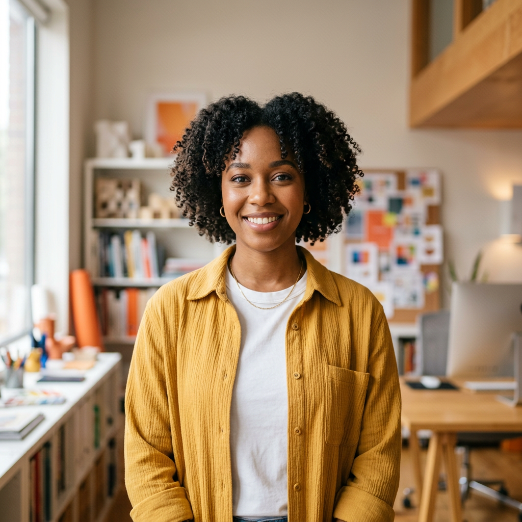 AI Creative in a mustard overshirt in a studio workspace