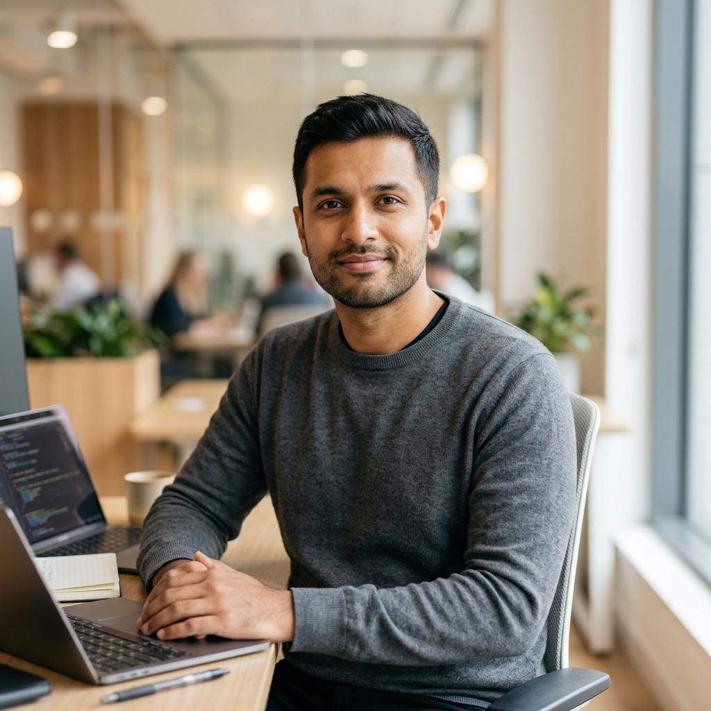 AI Engineer in a grey sweater at a laptop in a bright modern office