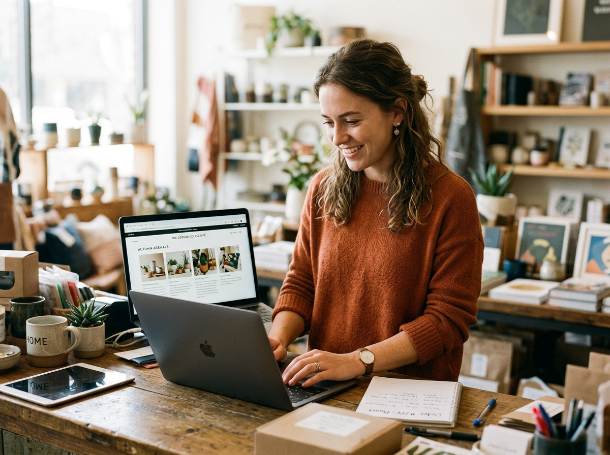 An AI Operator at the counter of her bookshop, working on a laptop