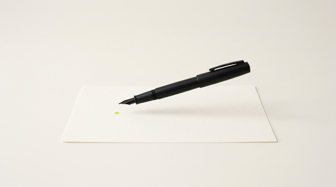 A black fountain pen hovering over a blank sheet of paper, mid-decision.