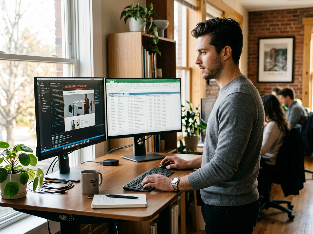 An AI Operator at a standing desk, work in progress on screen