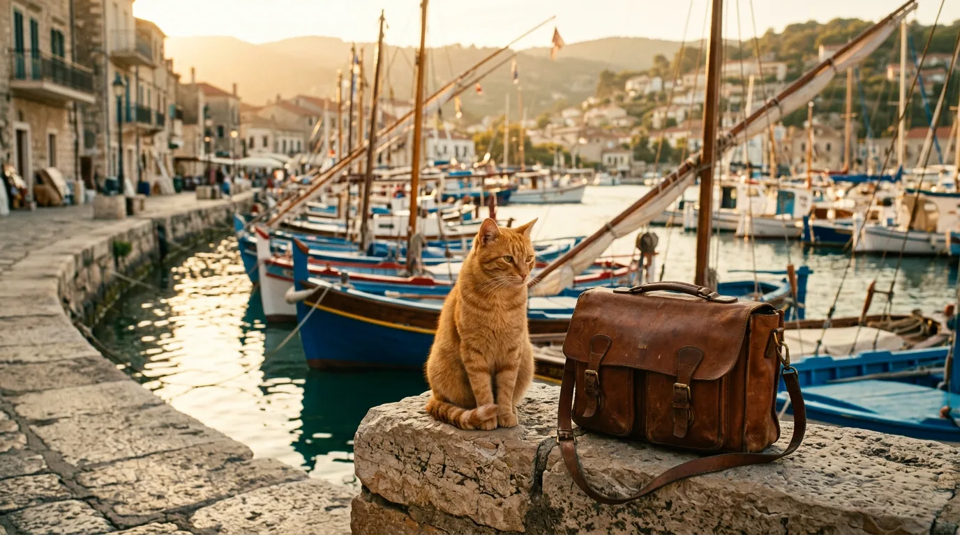 Kitty sitting on a weathered harbour wall beside a leather travel bag