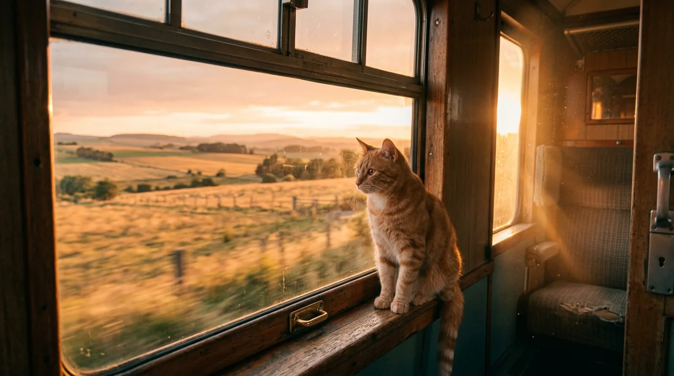 Kitty looking out of a vintage train window at golden countryside