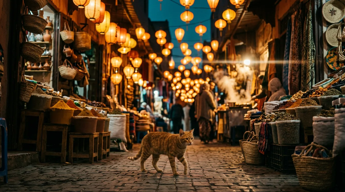 Kitty stepping through a lantern-lit market alley at dusk