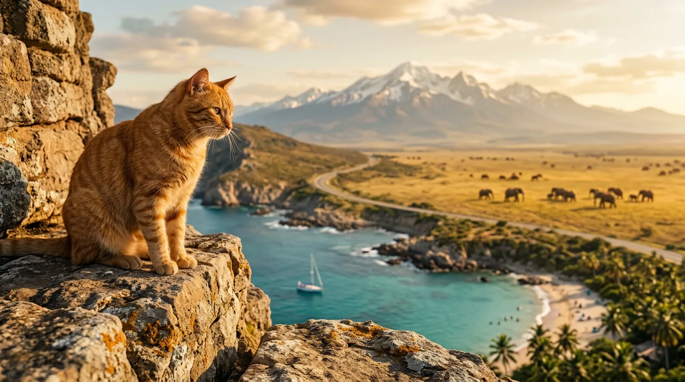An orange tabby cat on a sunlit cliff above a turquoise bay, a coastal road and a golden savanna with elephants
