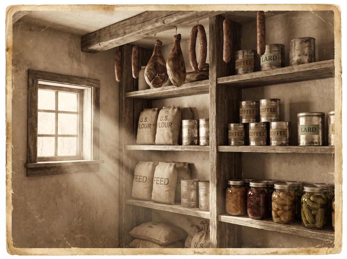 A vintage pantry stocked with preserved food in glass jars