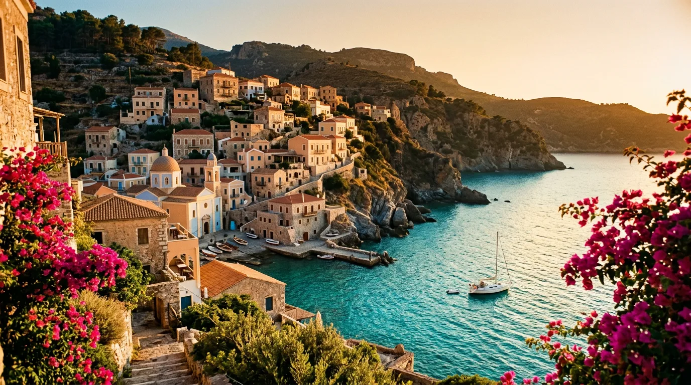 A pastel cliffside village above a turquoise bay with an anchored yacht at golden hour