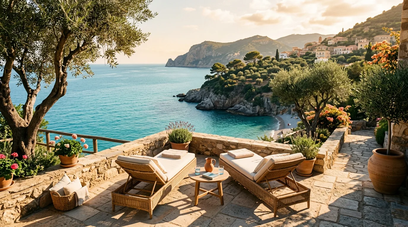 A sunlit stone terrace above a turquoise bay in the late afternoon