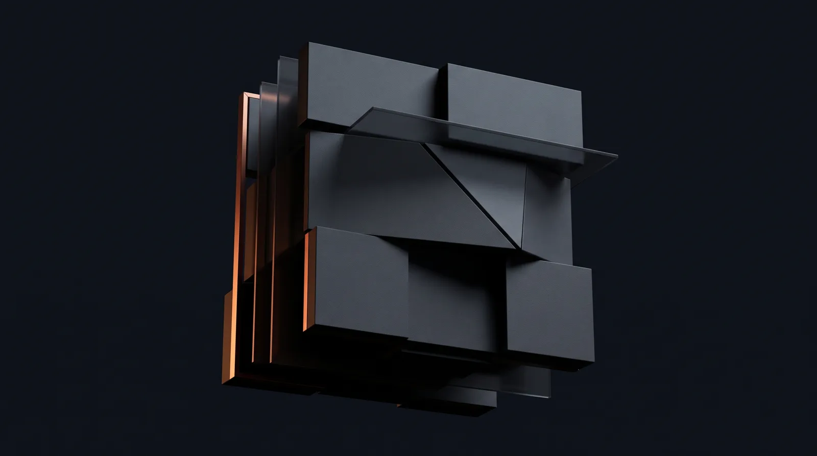 Abstract composition of layered charcoal planes lit by a thin warm orange edge