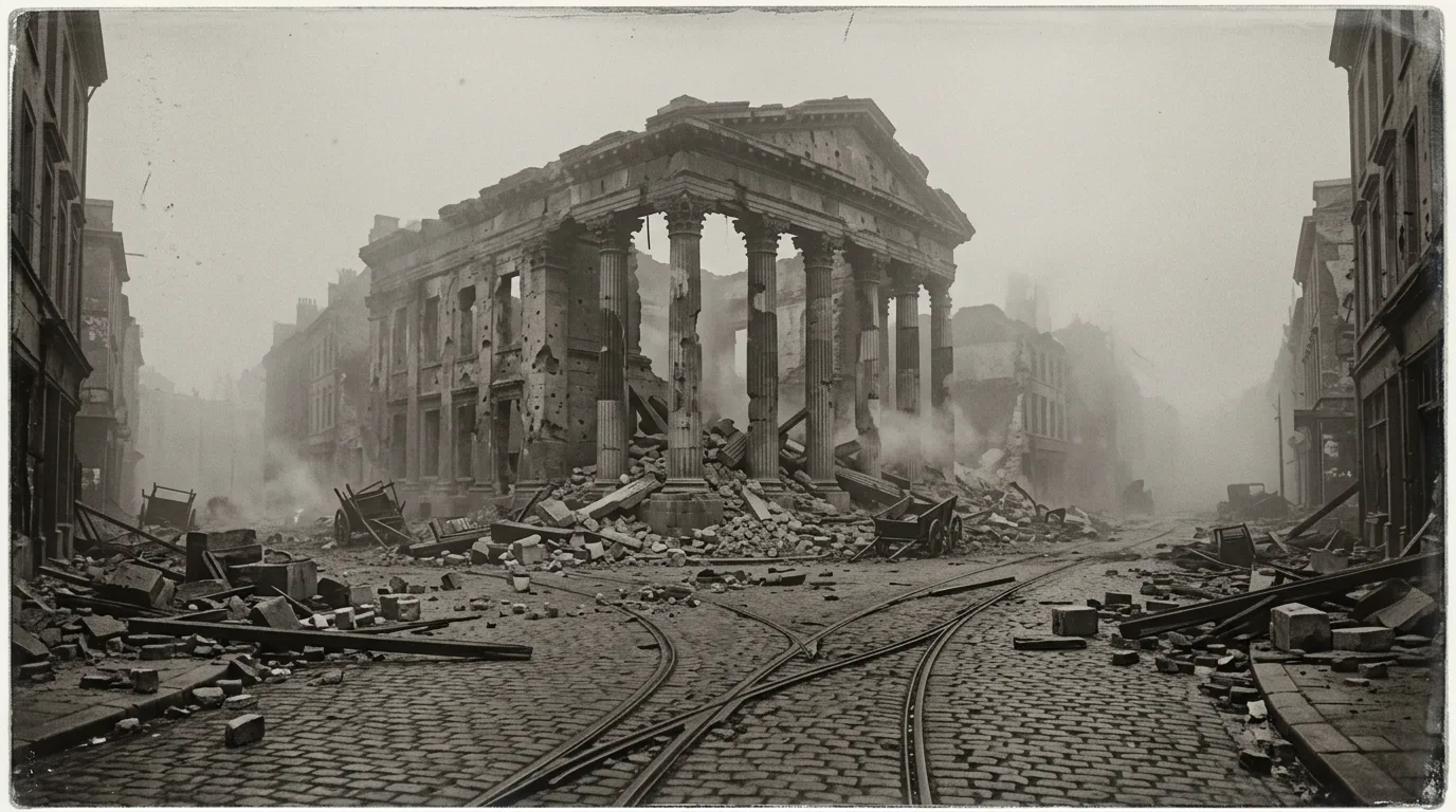 A ruined classical stone building with broken columns, rubble and drifting smoke on a deserted city street in 1916