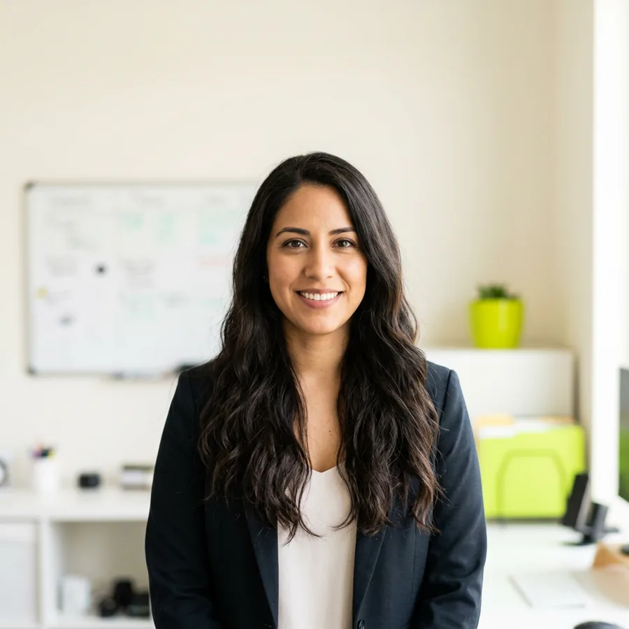 A Marketer in a dark blazer smiling in a bright office with a whiteboard behind her