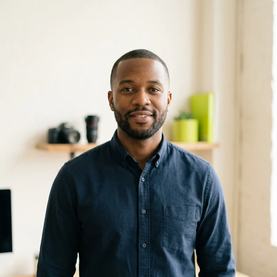 A Creator in a dark denim shirt with a camera on the shelf behind him