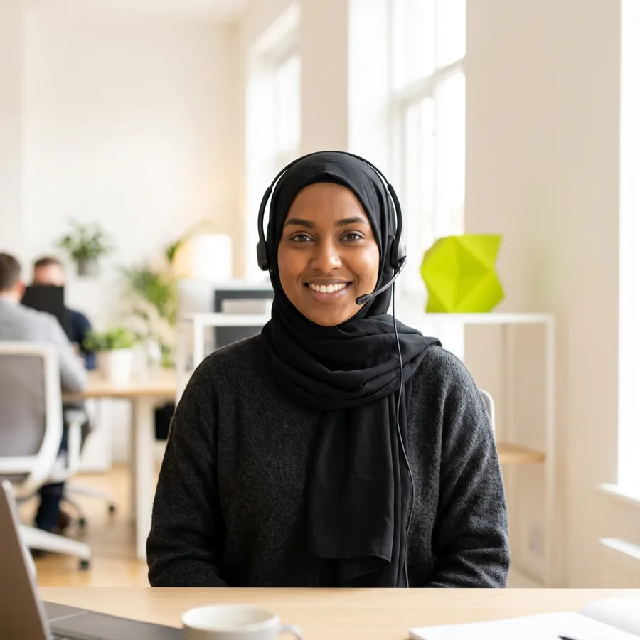 An Operator wearing a headset and smiling while working from a bright home office