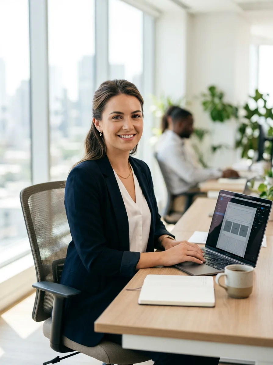 AI Operator working at a laptop in a bright modern office
