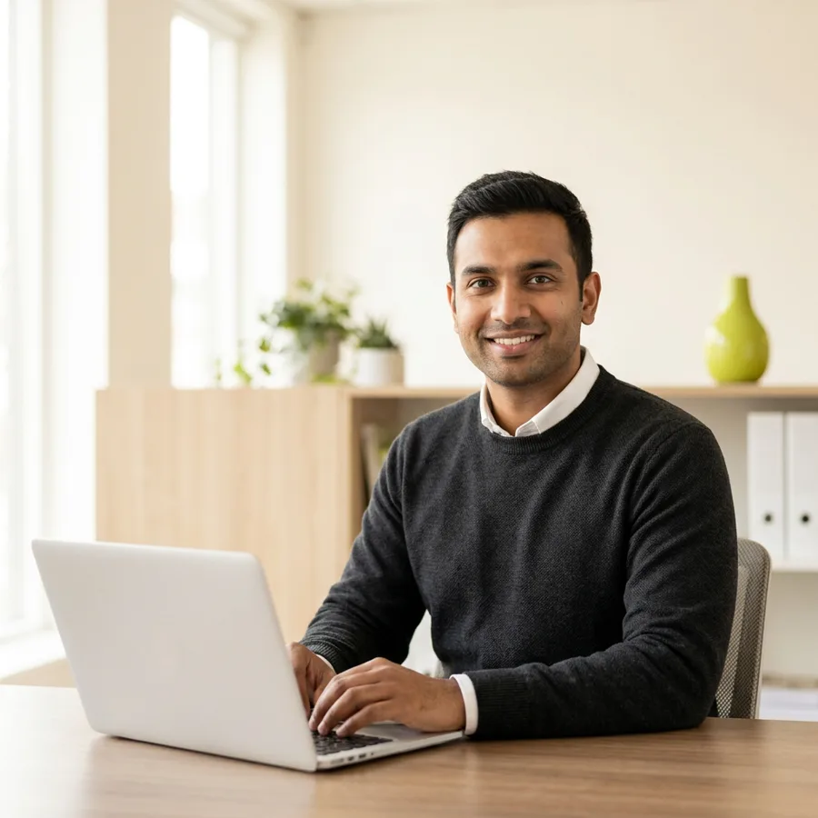 An Engineer in a charcoal sweater working at a laptop in a bright home office