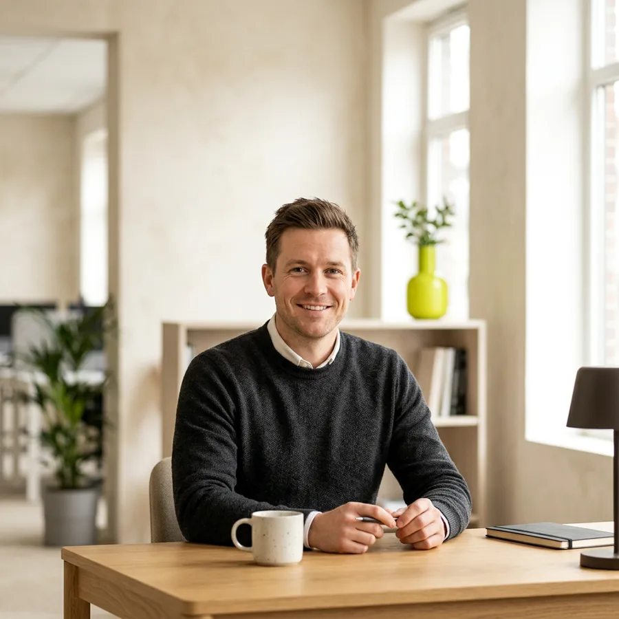 A Sales specialist smiling at a desk in a bright home office, a mug beside his notebook