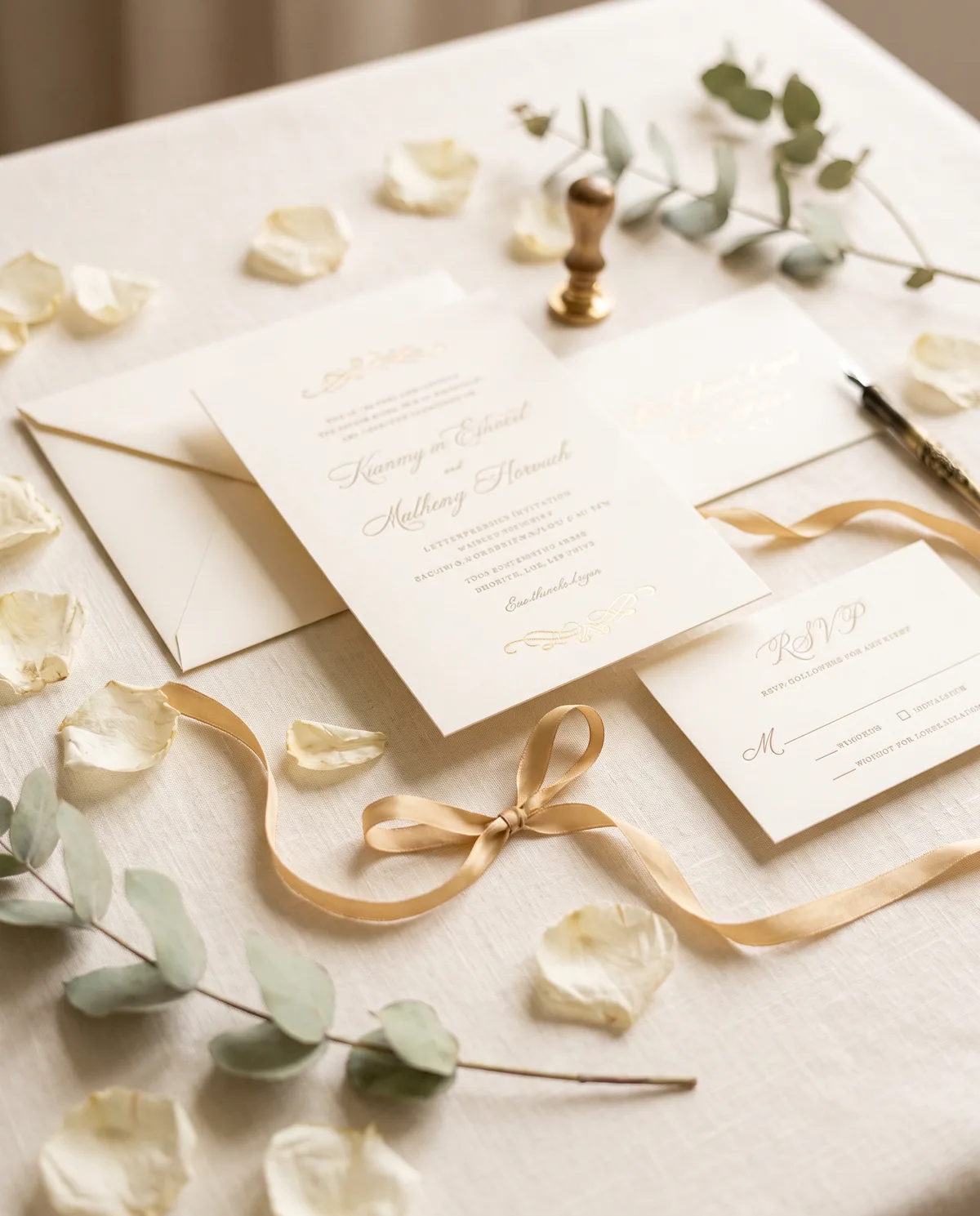 A cream letterpress wedding invitation suite with gold foil detail