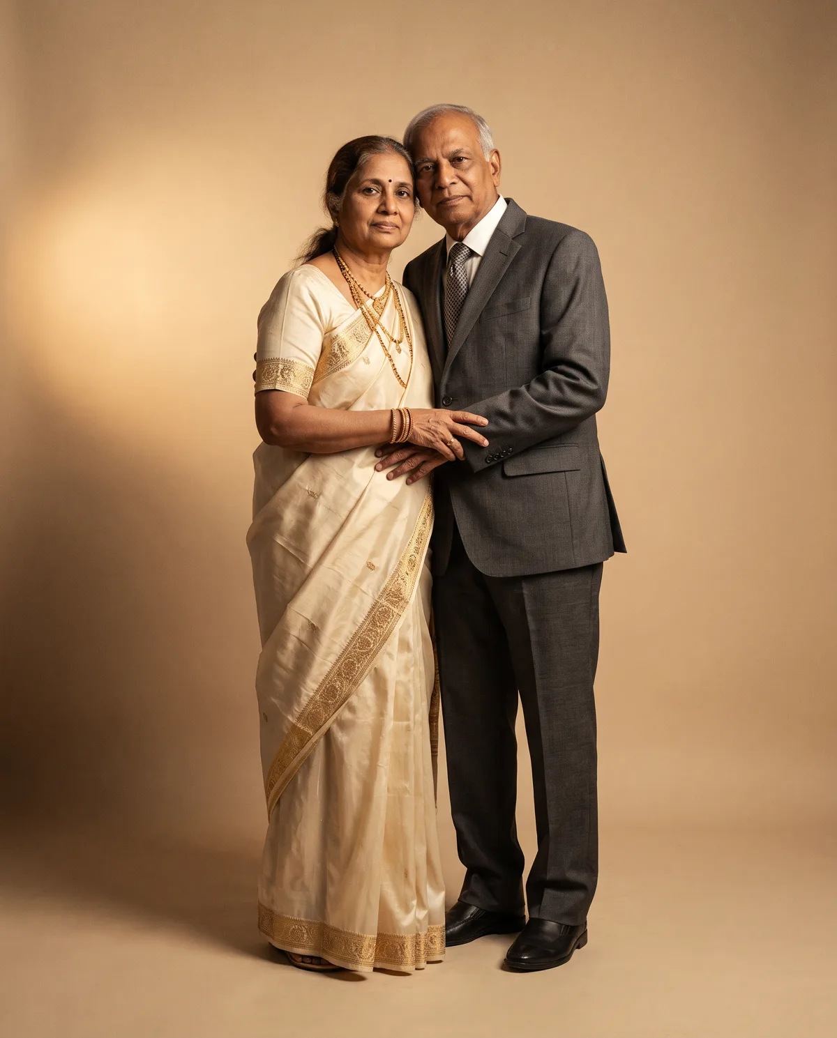 An editorial studio portrait of a couple in ivory and gold