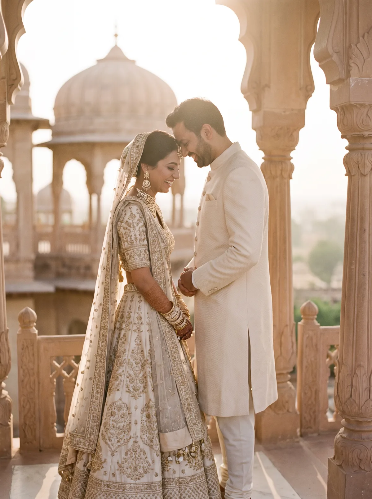 A bride and groom at golden hour on a palace terrace