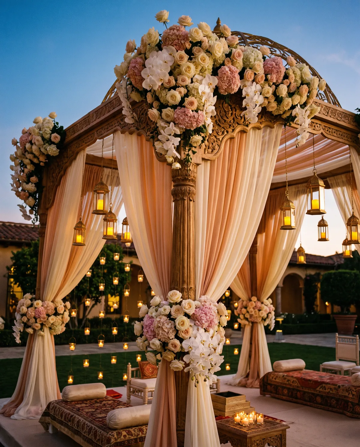 A floral mandap lit by lanterns at dusk