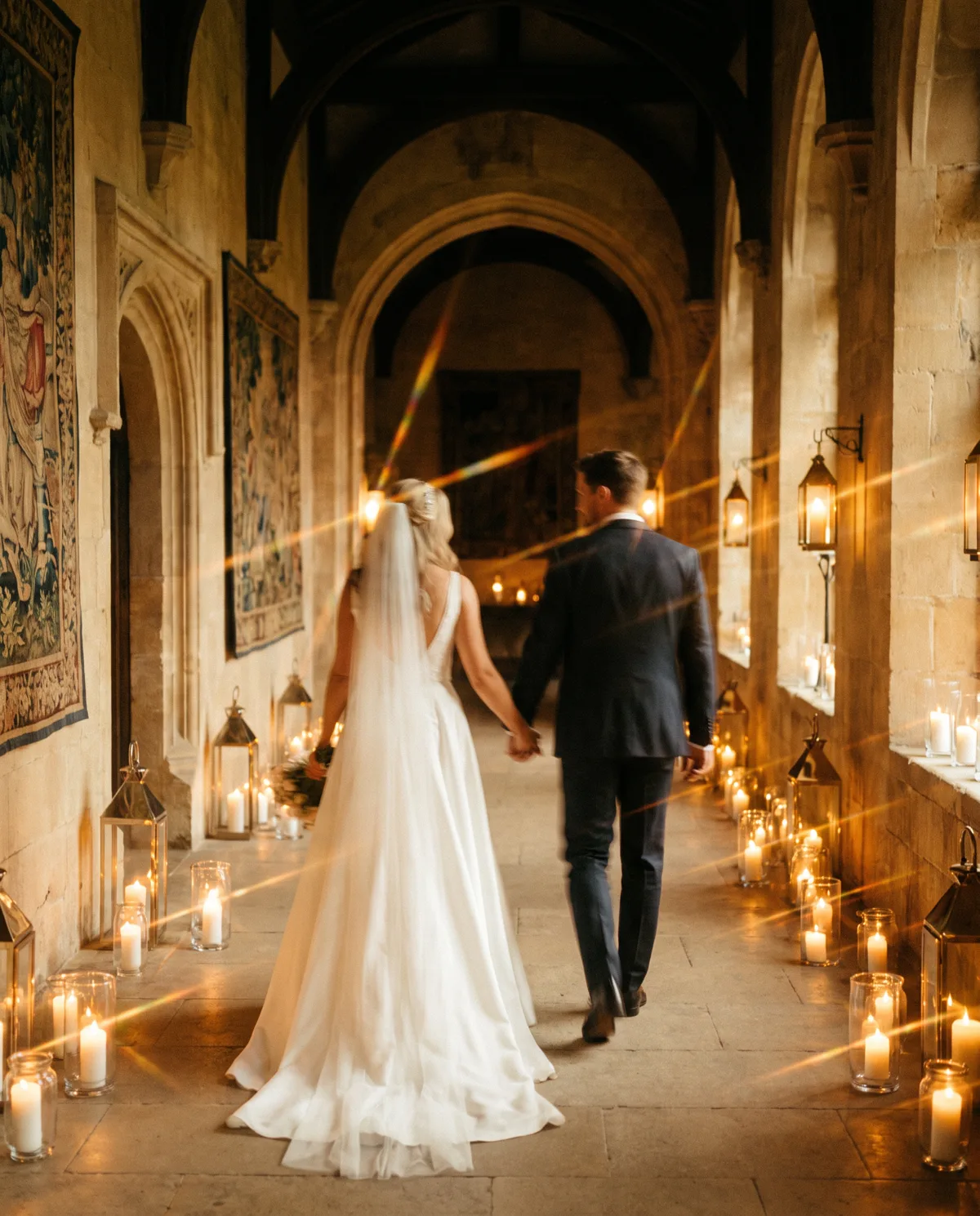 A couple walking through a candlelit corridor on their wedding night