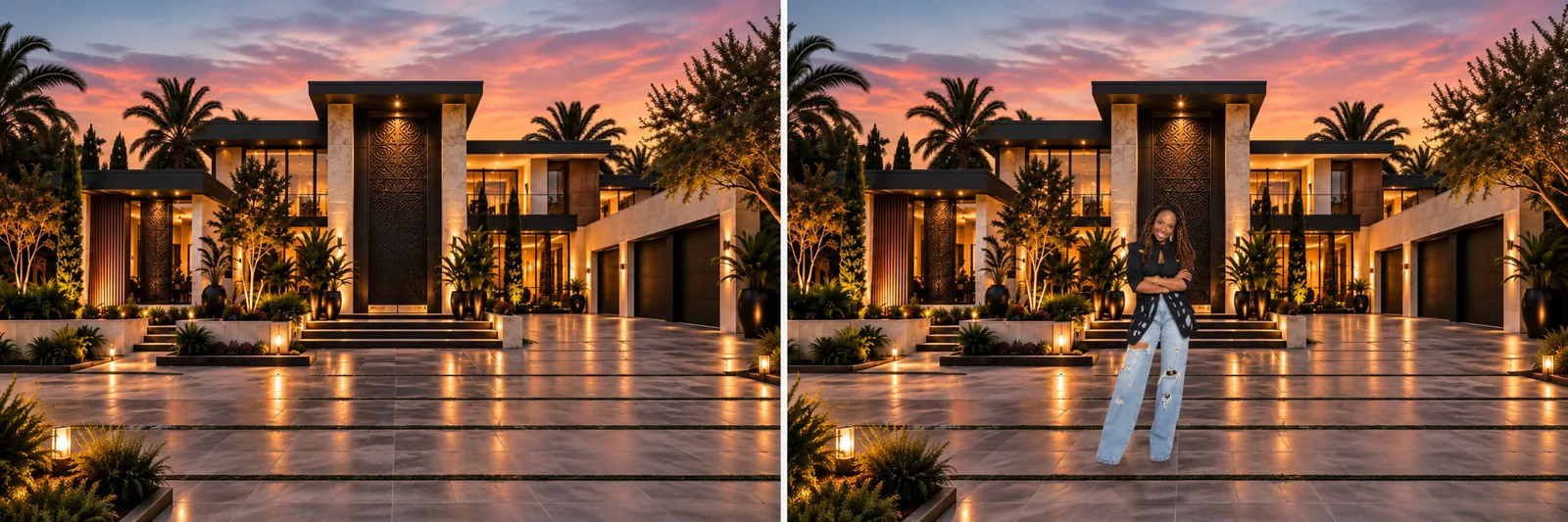 Side by side: the luxury mansion driveway at dusk, and Dr. Brooke standing in that same driveway