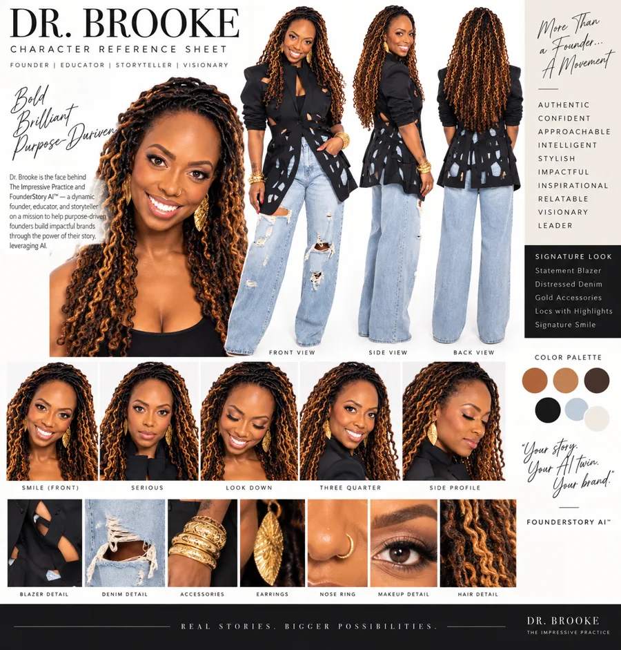Character reference sheet of Dr. Brooke from multiple angles
