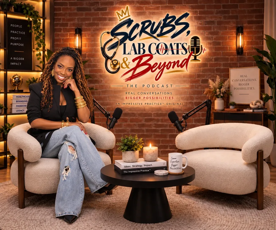 Podcast set with two boucle chairs and mics against a brick wall