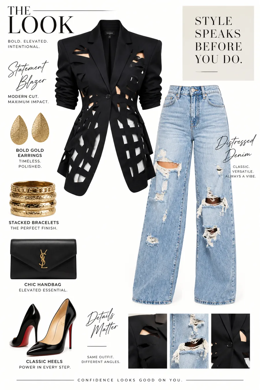 THE LOOK outfit board: black cutout statement blazer, distressed denim, gold earrings, stacked bracelets, handbag and heels