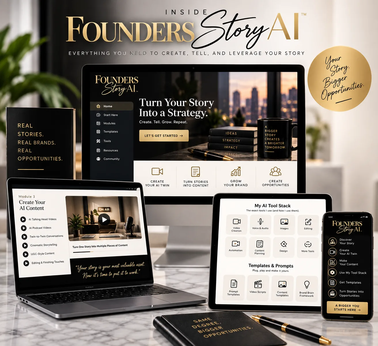 Founders Story AI™ shown on a laptop, monitor, tablet, phone, and notebook