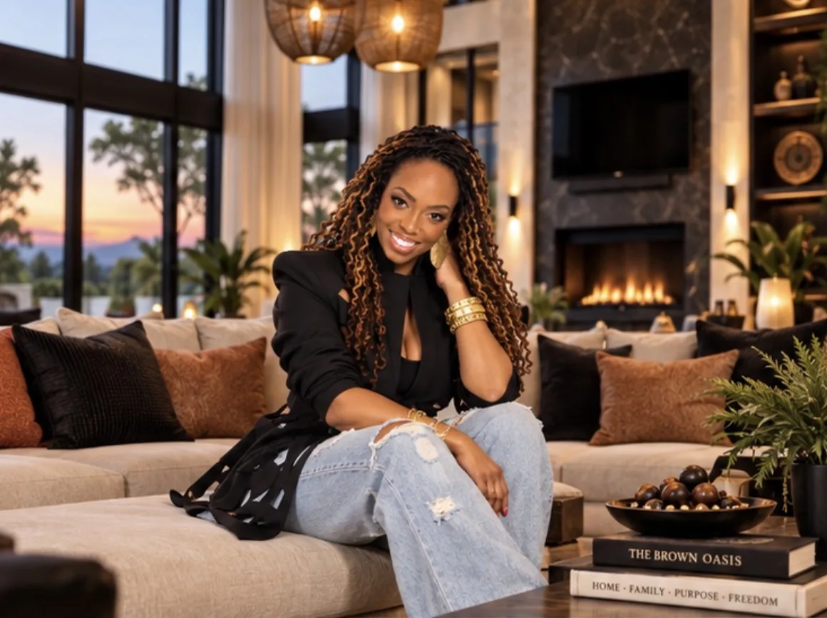 Dr. Brooke seated on a cream sectional in the living room at dusk